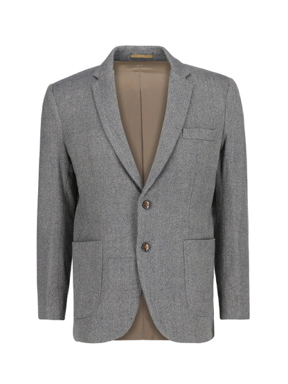 Brumano grey wool-cashmere blazer, notch lapels, two-button front, flap pockets