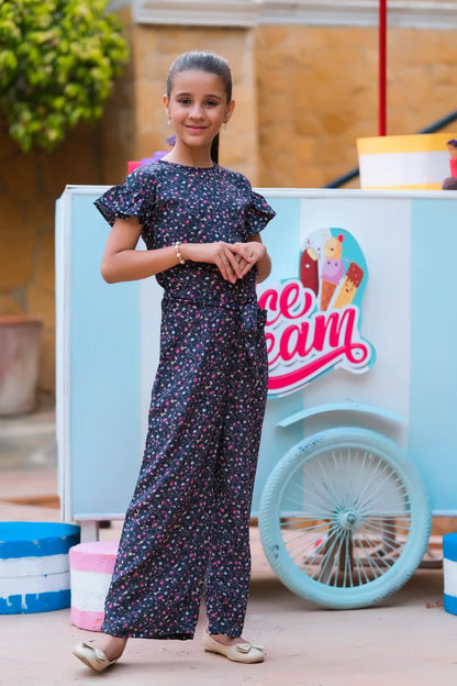 Girls' dark floral jumpsuit with ruffled short sleeves and wide-leg pants