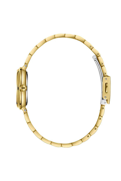 Gold metal bracelet watch with round case, side profile and clasp detail