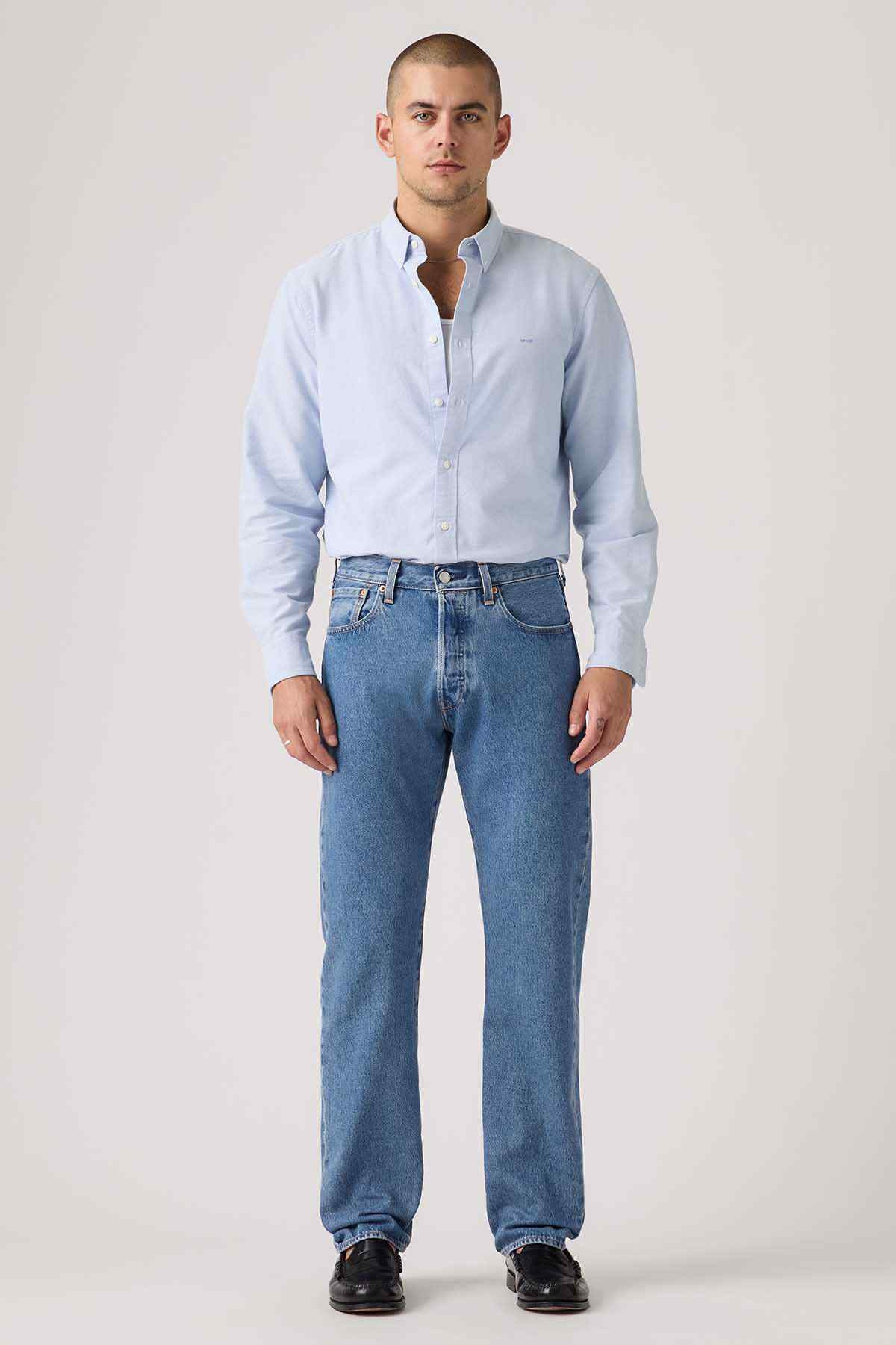 Men's blue denim jeans with worn-in wash, belt loops, and front pockets