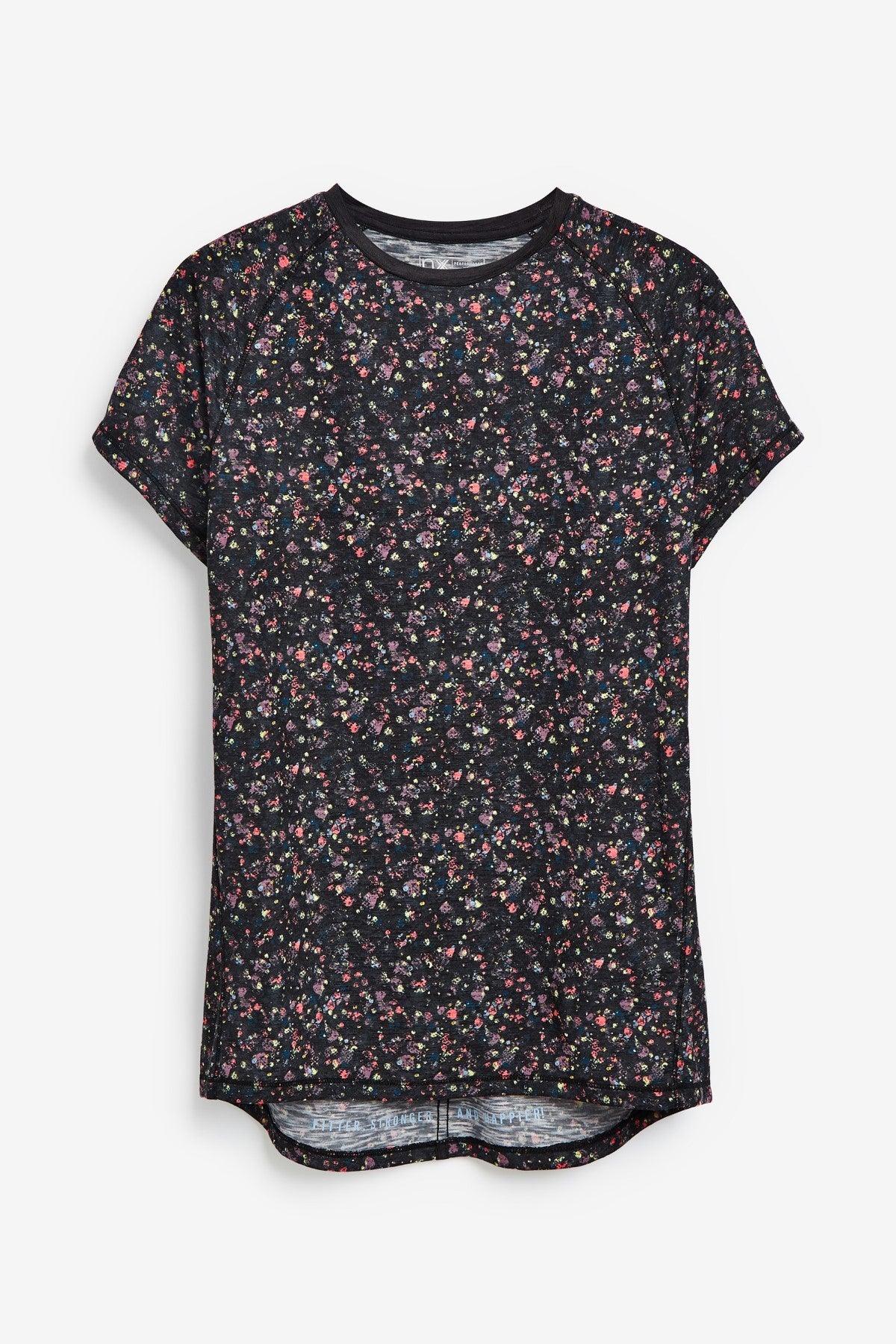 Black floral print crew-neck T-shirt with short sleeves