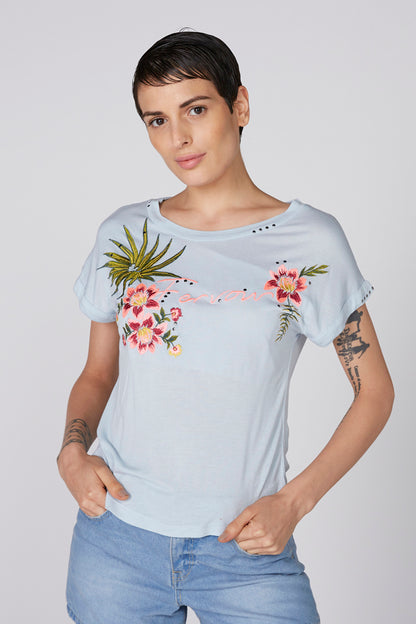 Light blue floral graphic short-sleeve T-shirt with scoop neckline