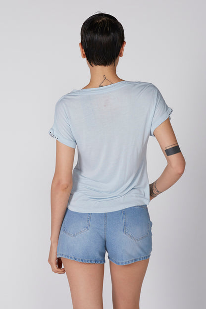 Light blue short-sleeve T-shirt, back view with scoop neckline