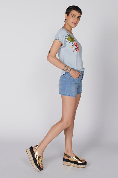 Light blue floral graphic short-sleeve T-shirt, side view