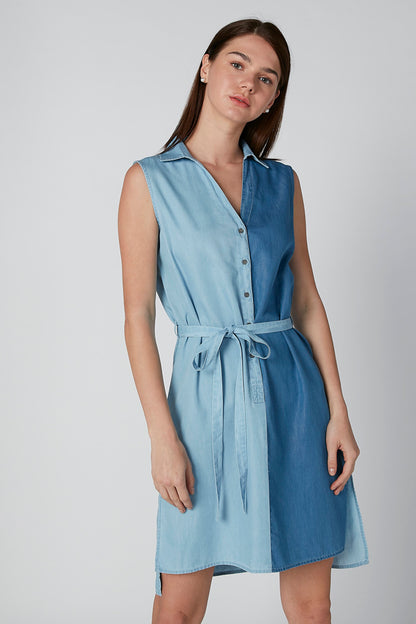 Blue sleeveless button-front shirt dress with tied waist belt