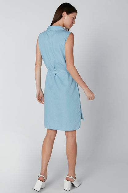 Blue sleeveless shirt dress with tied waist belt and button placket, back view