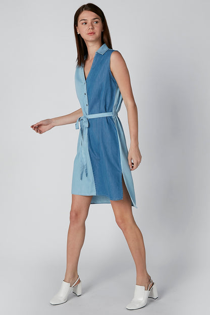 Blue sleeveless shirt dress with button-front and tied waist belt, side view