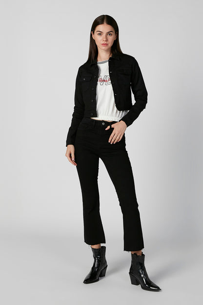 Black denim jacket with button front, flap pockets, and cropped length