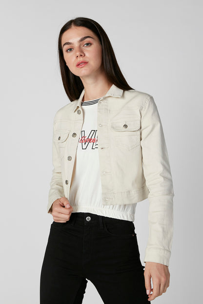 Beige denim jacket with button front and chest pockets