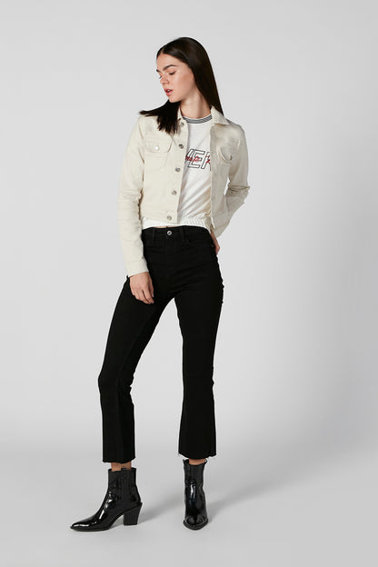 Beige denim jacket with button front and short waist-length hem