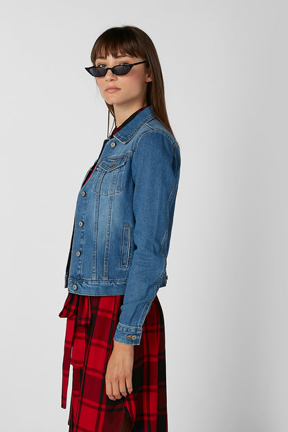Blue denim jacket with front buttons and chest flap pockets