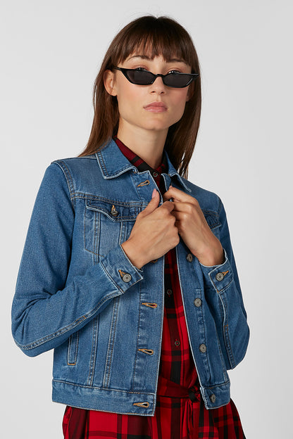 Blue denim jacket with pointed collar and chest flap pockets