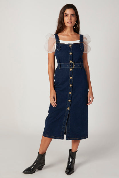 Blue denim pinafore midi dress with gold buttons and front center slit