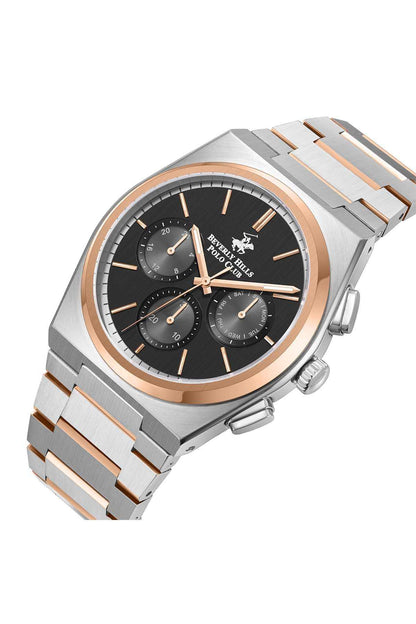 BHPC wristwatch in silver and rose gold with black dial, rose hands, and angled case