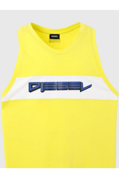 Diesel yellow sleeveless tank top with crew neck and blue front logo graphic