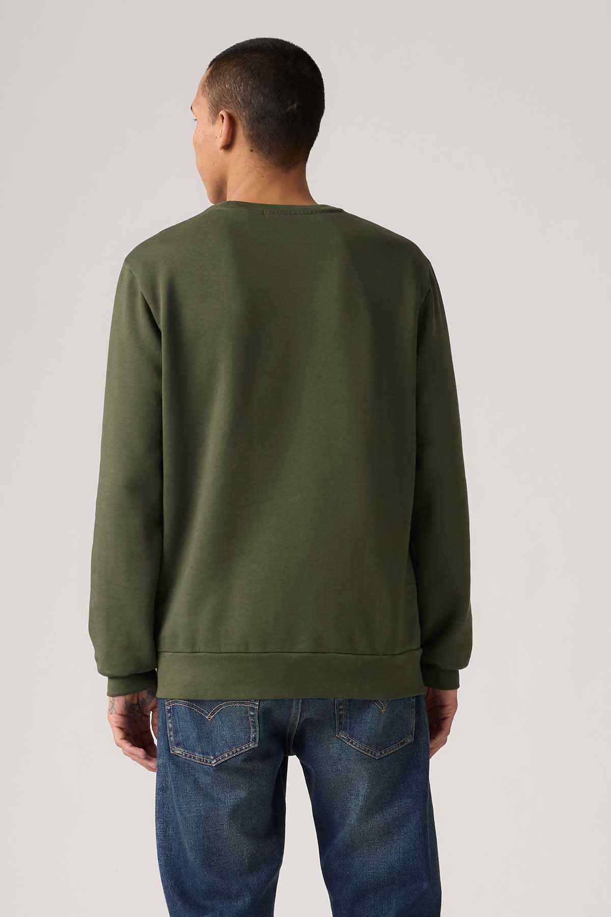 Levi's dark green crewneck sweatshirt back view, ribbed hem and cuffs