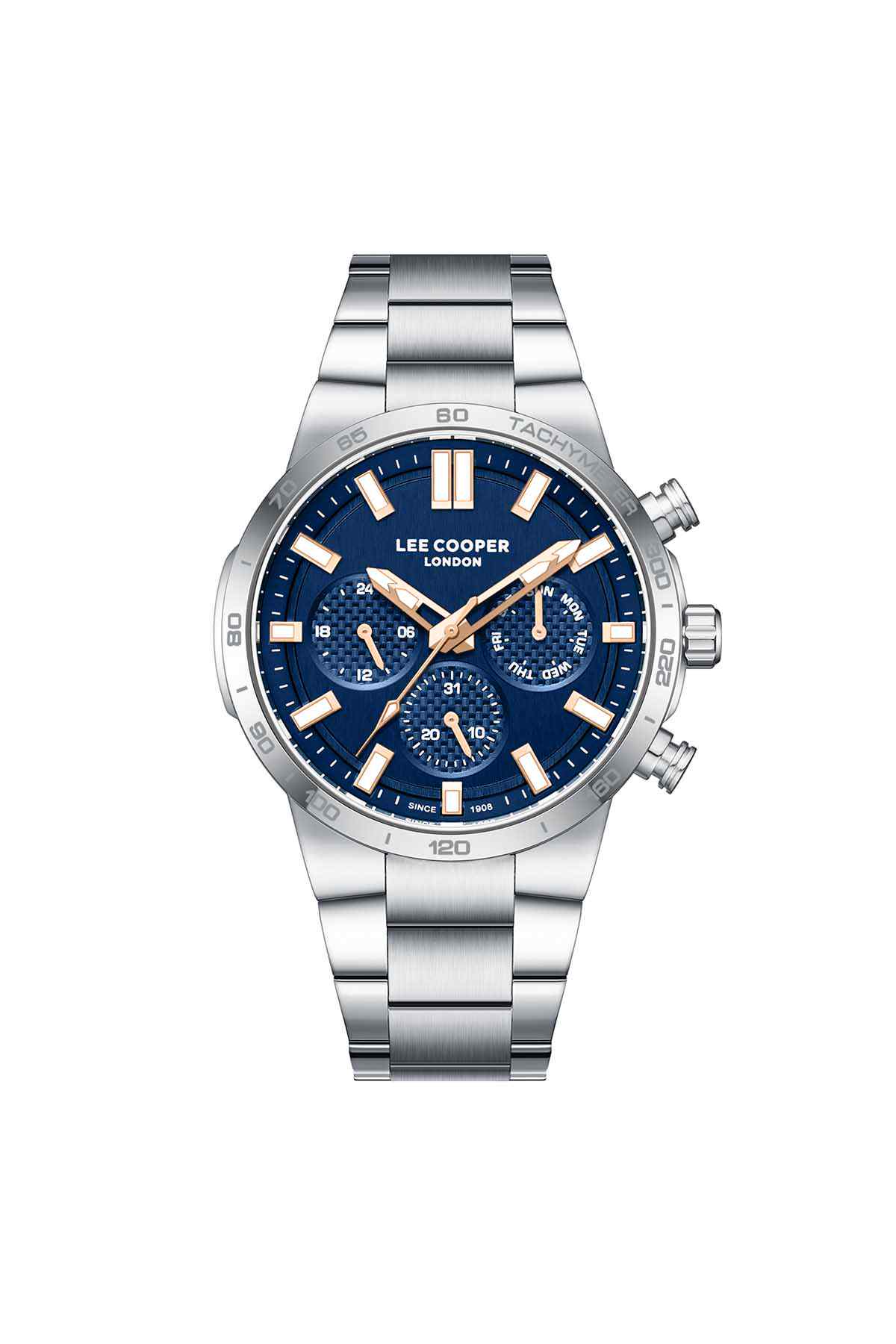 Silver Lee Cooper chronograph watch with blue dial, subdials and metal bracelet