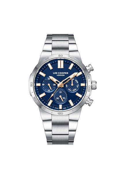 Silver Lee Cooper chronograph watch with blue dial, subdials and metal bracelet