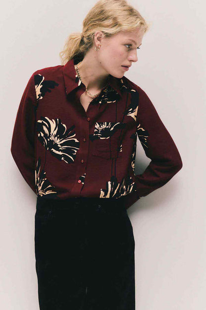 Wine floral button-up shirt with button front and long sleeves