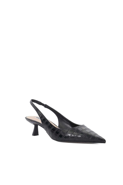 Black croc-embossed pointed-toe slingback pumps with mid heel