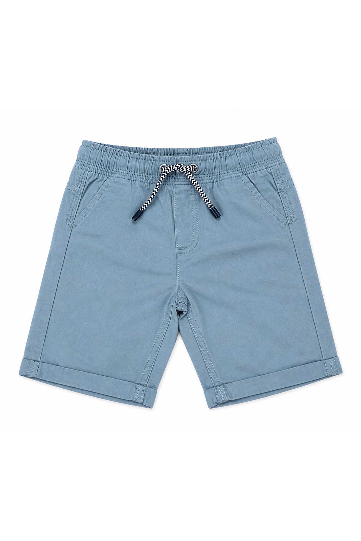 Light blue denim shorts close-up with drawstring waist and front side pockets