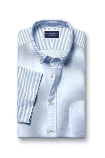 Charles Tyrwhitt light blue striped short-sleeve button-down shirt