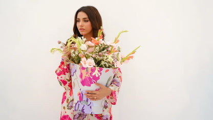 Dhaga floral kurta with button front, pink and purple flower print