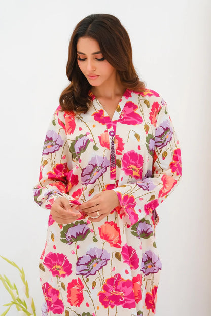 Dhaga floral kurta with V-neck button placket and long sleeves