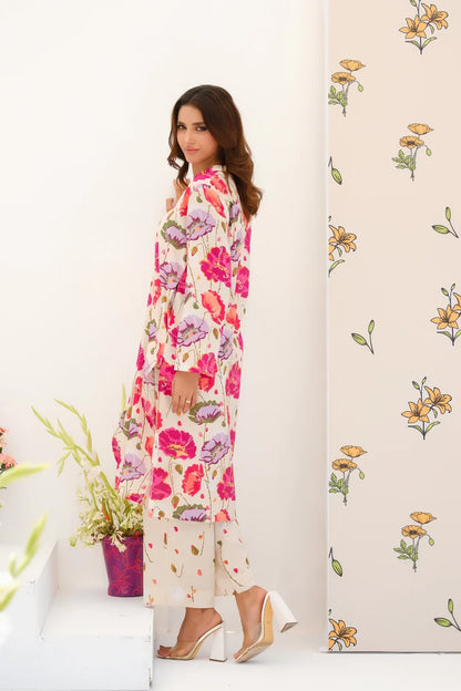 Dhaga floral long kurta set in bright pink and purple print, side view