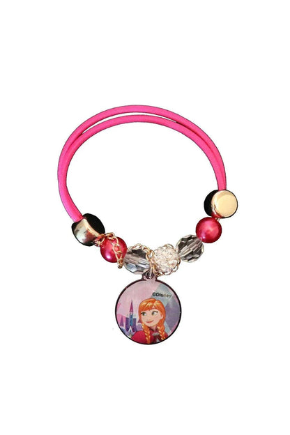 Disney charm bracelet with pink cord, bead clusters, and circular princess photo charm