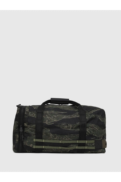 Diesel patterned duffel bag in dark green and black with top handle and zip closure