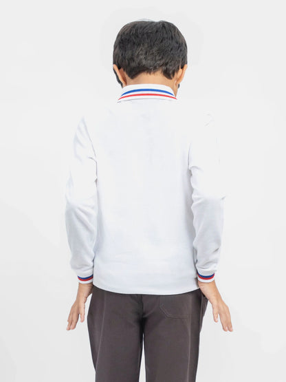 White long-sleeve polo shirt, striped collar trim on back, buttonless back view