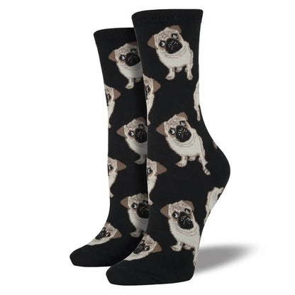 Black pug face crew socks with allover pattern