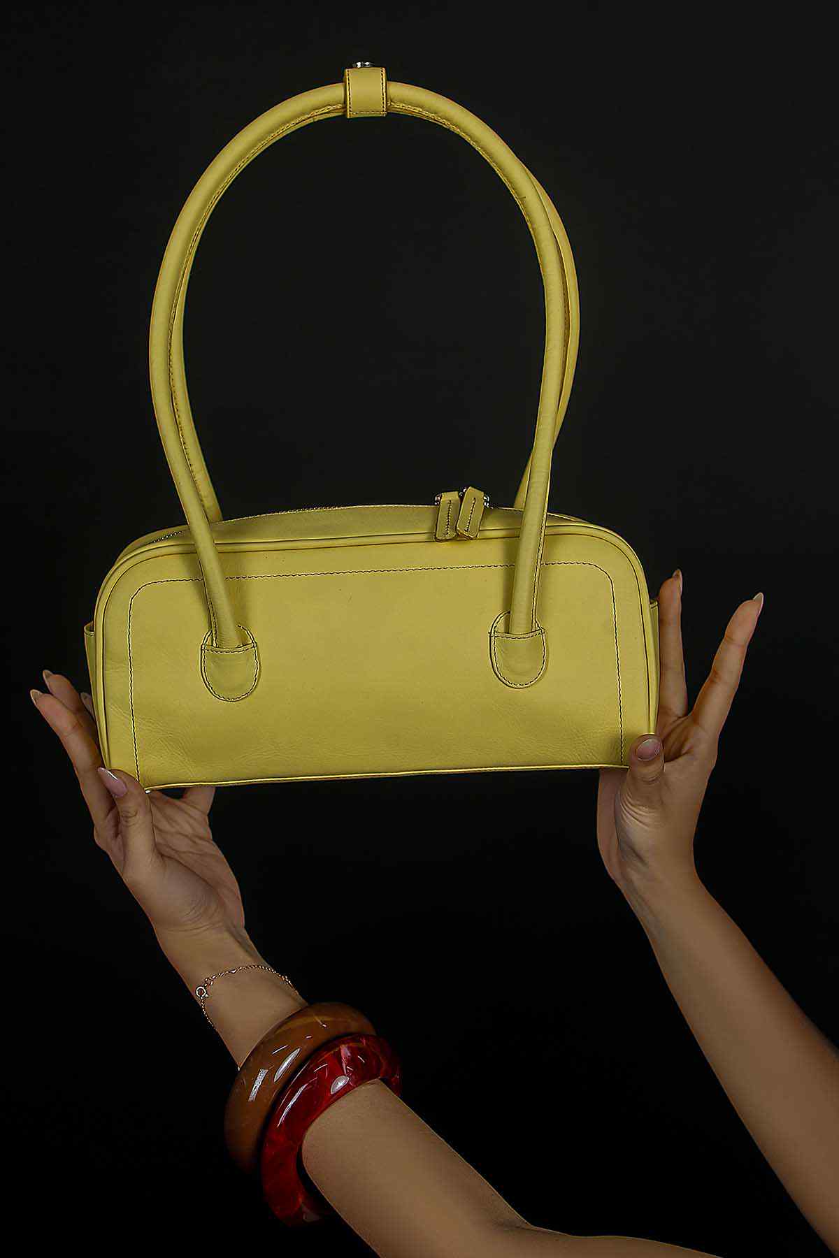 HIBISCUS butter yellow mini handbag with long rounded handles and top zipper