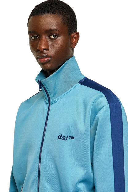 Blue zip-up track jacket with stand collar, front zipper, chest logo