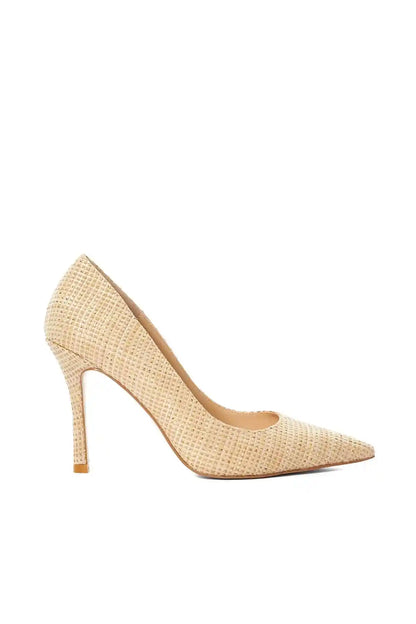 Natural woven pointed-toe stiletto heels, heel and toe profile