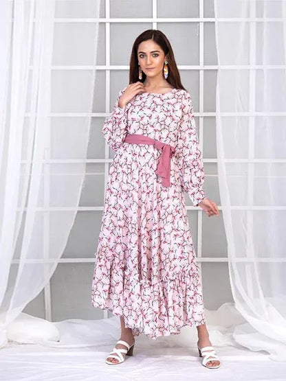 Floral long-sleeve maxi dress with tiered skirt and mauve waist sash