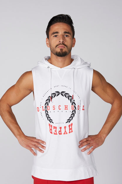 White sleeveless hoodie tank top with front graphic print and drawstring hood