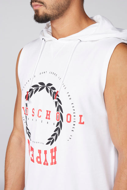 White sleeveless hoodie tank top with large wreath logo and multicolor lettering