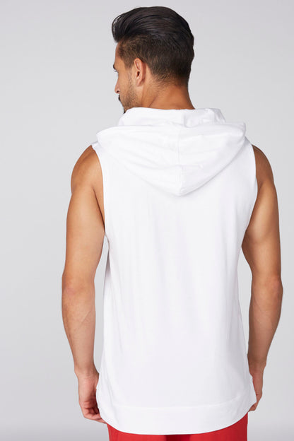 White sleeveless hoodie tank top with hood, back view