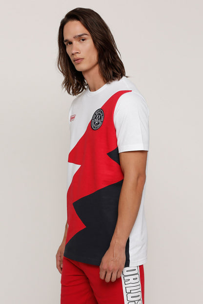 White graphic T-shirt with large red and black diagonal panel, short sleeves