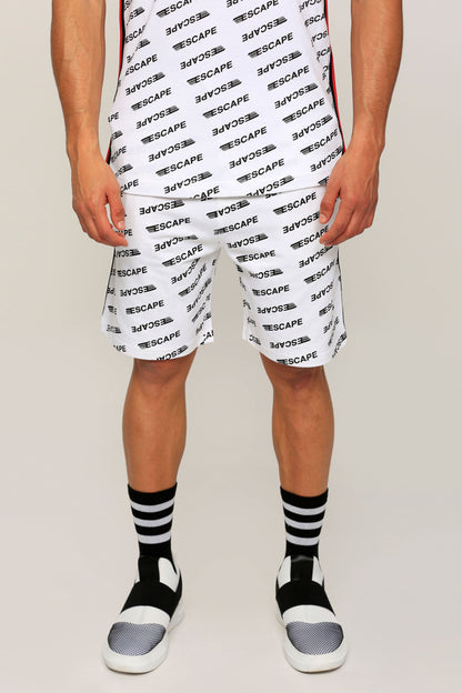 White patterned athletic shorts with black sock stripes visible at hem