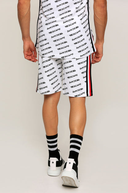 White printed athletic shorts with black stripe trim and elastic waistband