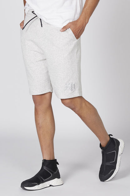 Splash grey heather shorts with black drawcord and small hem logo