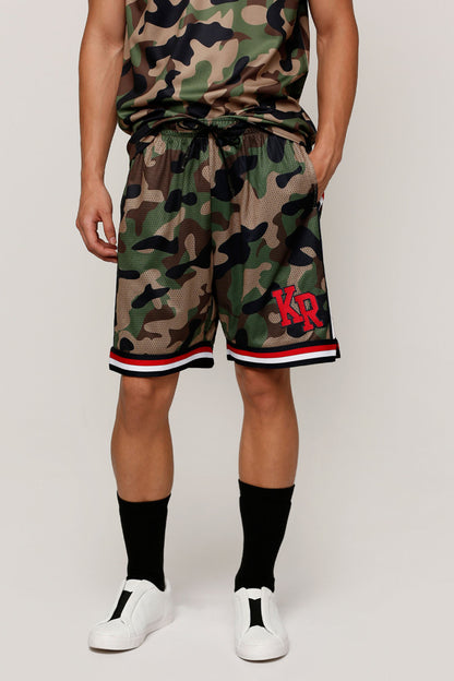 Multicolor camouflage drawstring shorts with red, white, black striped hem