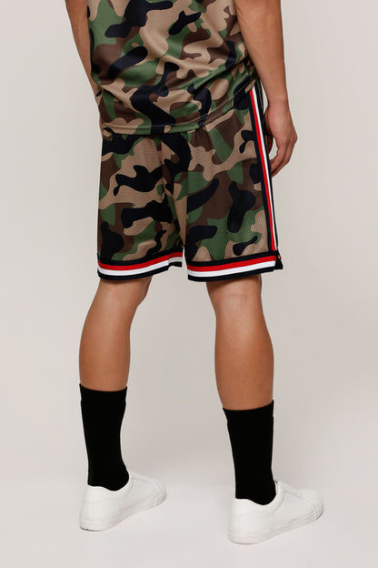 Multicolor camouflage drawstring shorts with red, white, black side stripe trim