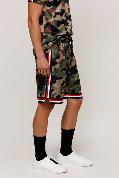Multicolor camouflage drawstring shorts with side stripe panel and striped cuffs