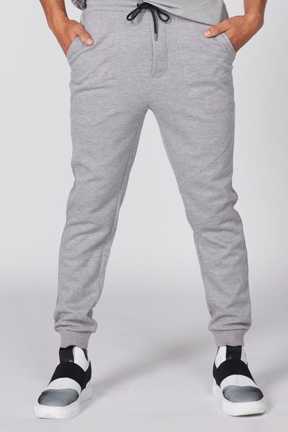 Heather gray jogger sweatpants with drawstring waistband and cuffed ankle