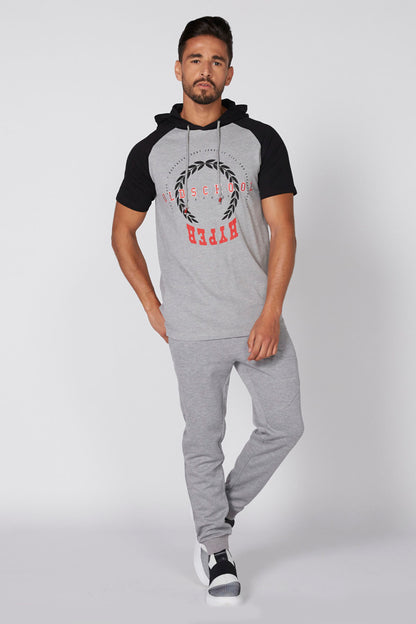 Black-and-gray short-sleeve hoodie with heather gray jogger sweatpants set