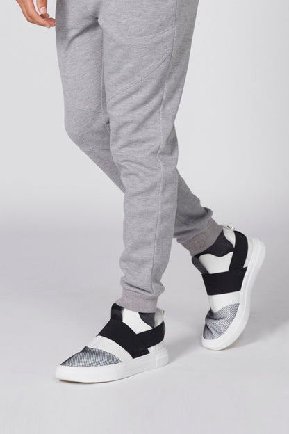 Heather gray slim jogger sweatpants, side view, cuffed hem and drawstring
